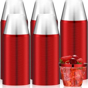 Lounsweer 100 Pcs 9oz Rimmed Plastic Cups Christmas Clear Cocktail Cups Heavy Duty Disposable Wine Glasses for Birthday Bridal Shower Baby Shower Holiday Celebrations(Red)