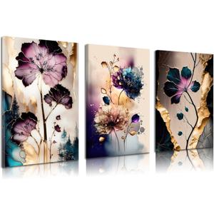 BVVEYKXX Purple Gold Abstract Flowers Canvas Wall Art Elegant Purple Gold Florals Pictures Wall Decor Purple and Gold Posters Prints Artwrok for Living Room Bedroom Hallway Home Decoration 12x16in