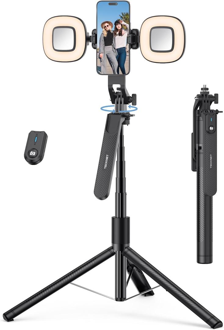 TECKNET 71" Selfie Stick Tripod for Phone with Light, Portable Extendable Cell Phone Tripod Stand with Wireless Remote and Phone Holder, with Wireless Remote Control for iPhone/Android/Camera Light Black