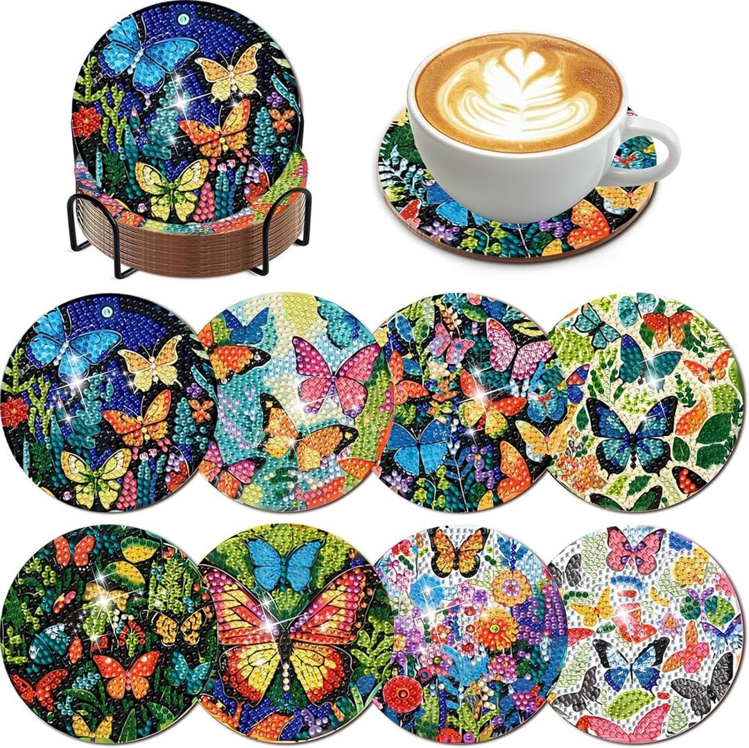 EWJRNSF 8 PCS Diamond Art Coasters Kit, Small Diamond Painting Coasters, Fall Butterfly Diamond Art Kits for Adults Beginners, Arts and Crafts Supplies Item Sets with Holder