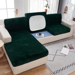 MIFXIN Couch Cushion Slipcover Sofa Cover Velvet Stretch Universal Elastic L Shape Sectional Sofa Seat Cover WearResistant Furniture Protector (Dark Green, Chaise Cover)