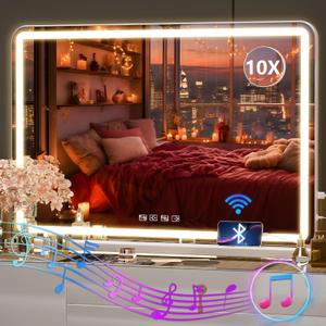 Hasipu Vanity Mirror with Lights and Bluetooth Speaker, 32" x 21.7" LED Makeup Mirror, Lighted Makeup Mirror with Dimmable 3 Modes, USB Charging Port, Round White