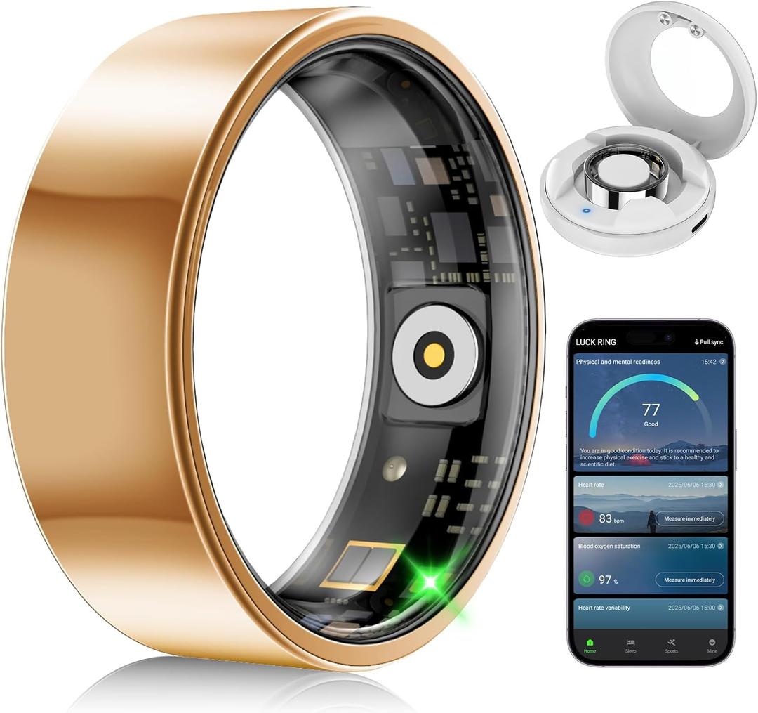 Smart Fitness and Activity Ring for Men and Women – Track Heart Rate, Stress, Sleep, Steps & Blood Oxygen, 10ATM Waterproof, No Subscription Fee, Works with iPhone and Android, Size 9 Gold