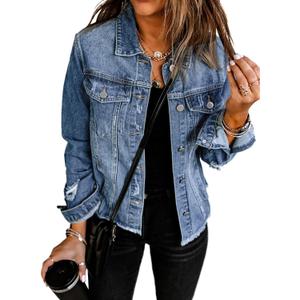 EVALESS Womens Boyfriend Washed Crop Denim Jean Jacket Coat (Blue, XL)