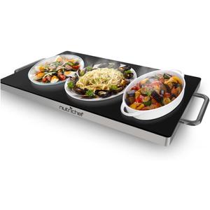NutriChef Stainless Warming Hot Plate - Keep Food Warm w/ Portable Electric Food Tray Dish Warmer w/ Black Glass Top, For Restaurant, Parties, Buffet Serving, Table or Countertop Use