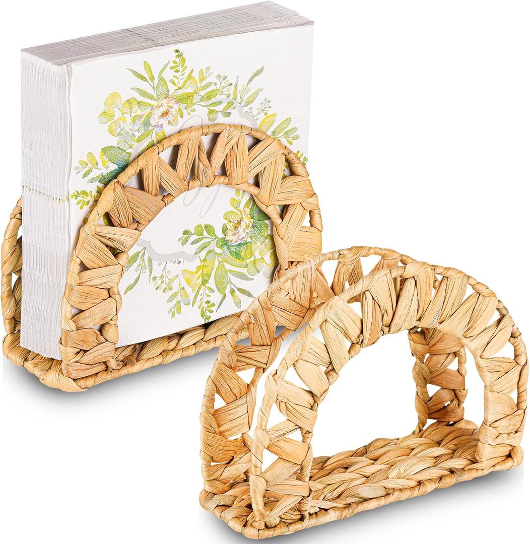 2 Pack Rattan Napkin Holder for Table, Woven Water Hyacinth Napkin Holders Boho Wicker Upright Napkins Holder Vintage Rustic Napkins Holders for Restaurant Kitchen Dining Table Decor