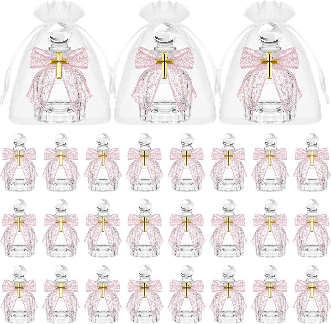 Newtay Holy Water Bottles Catholic Bulk Glass Baptism Favors for Guests Christian Water Container with Cross Organza Bags Bow for Holy Communion Gifts Church Wedding Baptism(Pink, 24 Set)