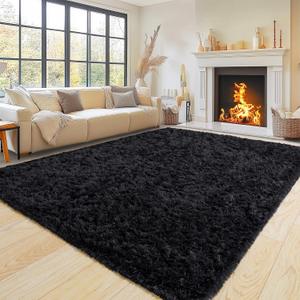 Super Fluffy Area Rug for Living Room 5x7 Feet, Modern Indoor Shaggy Carpet, Soft Plush Non Slip Rugs for Bedroom Kids Room Cloakroom Home Decor, Black