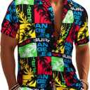 Barry.Wang Men's Hawaiian Floral Shirts Casual Tropical Beach Short Sleeve Funky Aloha Shirt Summer Holiday Vacation Party (Medium, Black and Red Splice)