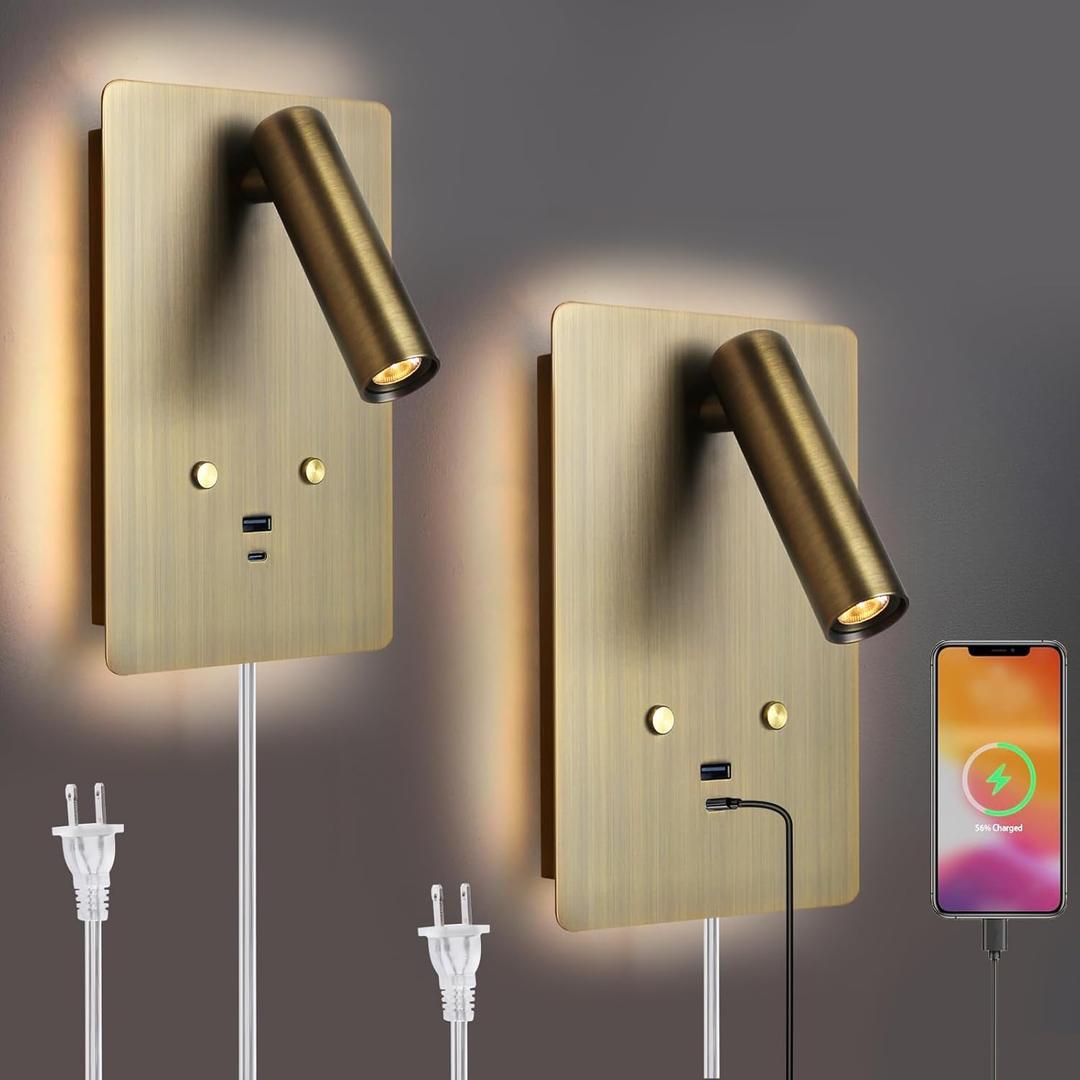 ZEROUNO Wall Mounted Reading Light Set of 2,Dimmable Adjustable Headboard Plug in Wall Sconce with USB A+C Ports,Touch Control Wall Light for Bedroom Bedside Lamps