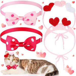 MTLEE 4 Pcs Valentines Day Heart Headband Neck Bow for Cat 2 Pet Neck Bow Cat 2 Headbands Valentines Day Headband with Ear Holes and Chin Straps Adjustable Dog Bows Tie Pink Red Heart Decor for Pets