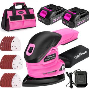 THINKLEARN Cordless Detail Sander with 2Pcs Batteries and Charger, 20V Electric Hand Sander with 22Pcs Sandpapers & Dust Collection System, Palm Sanding Tool for Woodworking, Polishing Wood Furniture