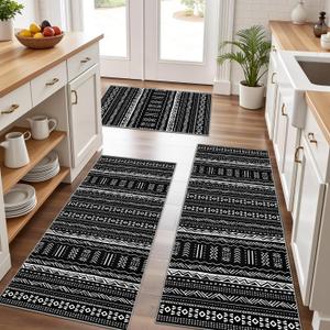 Kitchen Rugs Sets of 3 Kitchen Mats 3 Piece Set Kitchen Runner Rugs Non Skid Washable Boho Kitchen Rug Set Carpets for Laundry Room (Black)