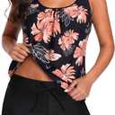 Aqua Eve Two Piece Women's Tankini Swimsuits Blouson Swim Tank Top with Shorts Modest Bathing Suits (XX-Small, Black Floral)