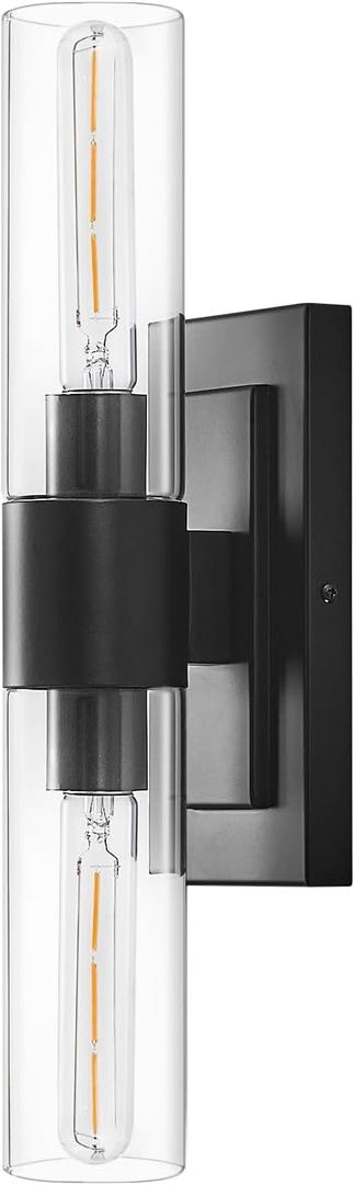 19" Modern Wall Sconce,2-Light Bathroom Vanity Light,Glass Tube Indoor Wall Sconce,Black Wall Light Wall Lamp for Bedroom, Mirror,Washroom, Hallway Hardwired Sconces Wall Lighting,E26 Base