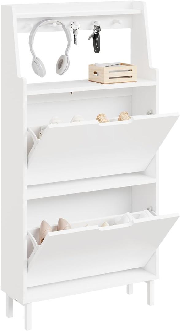HHaotian Flip-Drawer Shoe Cabinet with Two Drawers & Open Shelves | Slim Hidden Shoe Rack Cabinet with Hook for Entryway, FSR221-W, 2-Drawers+Shelf