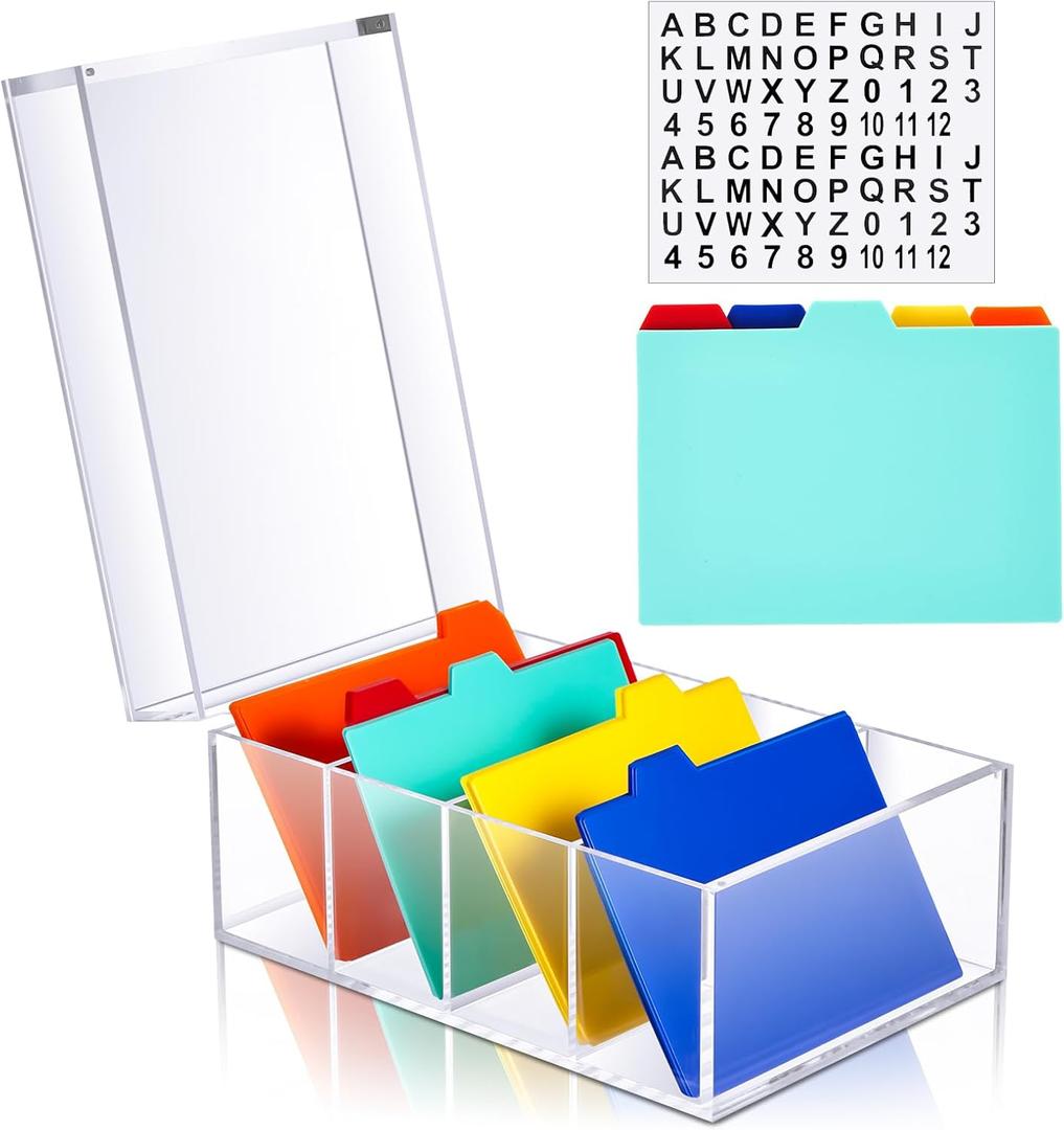 Mooliwe Index Card Holder Clear Acrylic Card Organizer 50 Pcs Divider Sheets for Desk File Note Holders, 4 Compartments Holds 600 Cards (5 x 8 Inch)