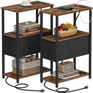 TUTOTAK Small Narrow End Table with Charging Station, Set of 2, Side Table with Outlets, Nightstand with Cloth Drawer, Couch Table, for Living Room, Bedroom, Bedside, Brown and Black TB01BB058K