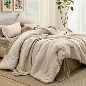 Bedsure Twin Comforter Set - 5 Pieces Light Beige Twin Bedding Set for All Seasons, Boho Contrasting Design Bed in a Bag with Comforter, Sheets, Pillowcase & Sham