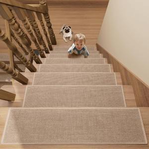 Stair Treads Carpet for Wooden Steps with Non Slip Rubber Backing, 100% Polyester Soft Stairs Resistant Indoor Skid Runner Safety Rugs for Kids Elders and Pets (15, Camel, 30" * 8")