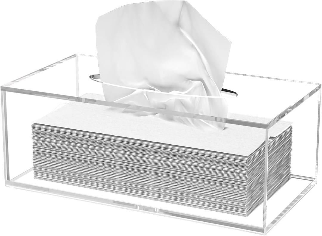 Acrylic Tissue Box Cover, Clear Tissue Box Holder, PITBVO Facial Napkin Dispenser Holder Case Dryer Sheet Holder for Car, Bathroom, Kitchen, Office, Living Room, Home, Laundry, Counter Hotel Use (9.85"L x 5.1"W x 4.5"H)