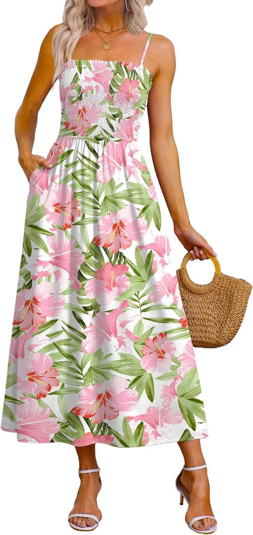 OFEEFAN Womens Spaghetti Strap Maxi Dresses Smocked with Pockets 2026 Summer Spring Casual Boho Beach Long Sundresses, 2XL