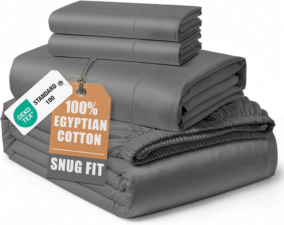 LANE LINEN 100% Egyptian Cotton King Sheets Set, Soft & Comfy Sateen Weave No Pill Mercerized Cotton Sheets King, Fully Elasticized Reinforced French Seam Fitted King Bed Sheets Charcoal Gray