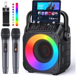 Karaoke Machine, Portable Bluetooth Speaker with 2 Wireless Microphones for Adults & Kids with Lights, Karaoke Microphone with PA System Supports USB/TF/REC/FM/AUX for Home Party