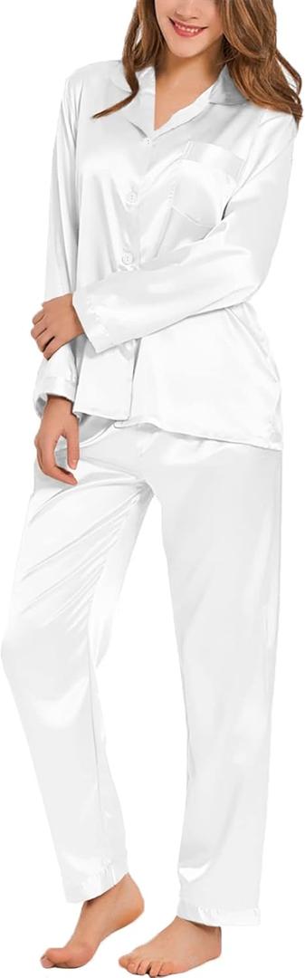 Long Sleeve Pajamas Set Silk Satin Sleepwear Button Down Pjs Loungewear with Pocket (White, Medium)