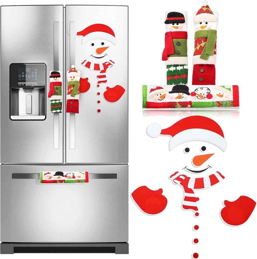 4 Pieces Christmas Refrigerator Handle Covers and Snowman Refrigerator Magnets Snowman Fridge Door Handle Covers Christmas Magnet Stickers for Kitchen Refrigerator Microwave Oven Dishwasher Decor