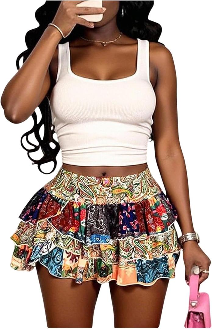 WDIRARA Women's 2 Piece Outfits Tank Tops Ruffle Layered Patchwork Mini Skirts Matching Set