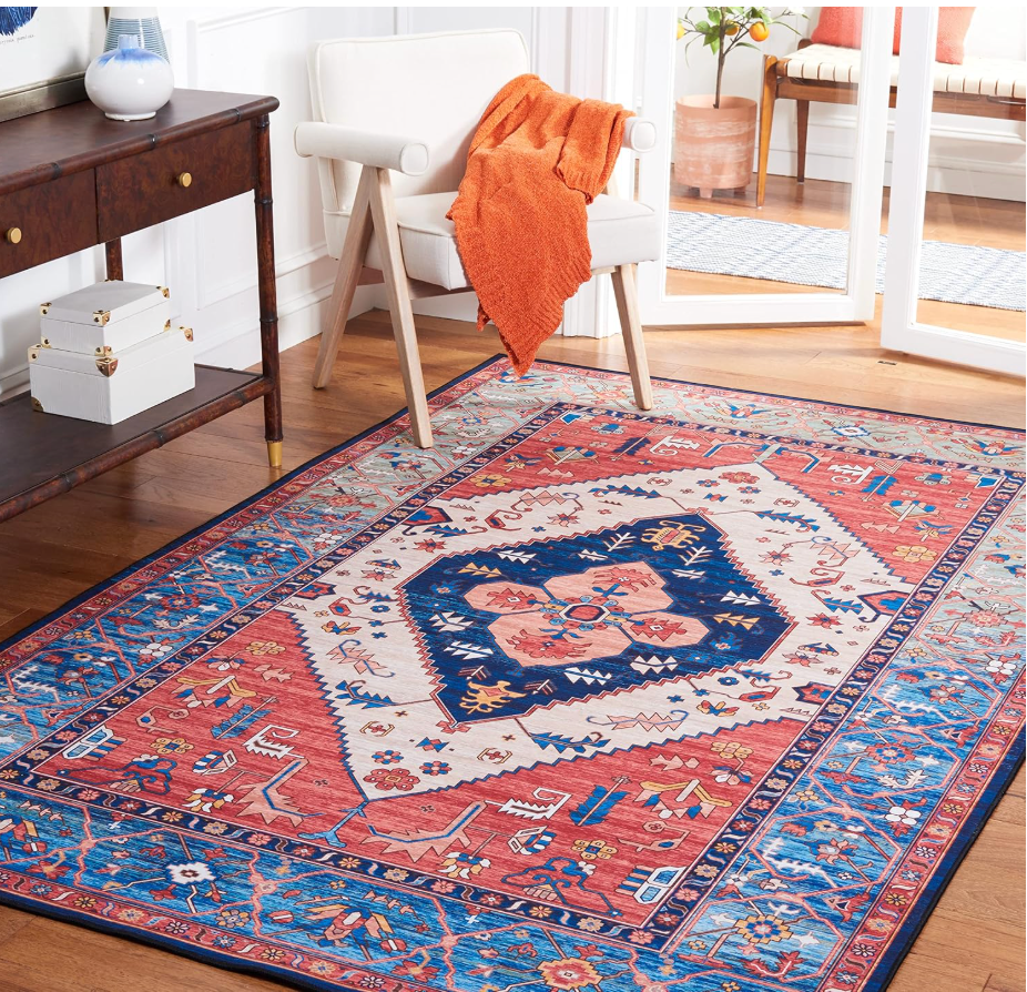 SAFAVIEH Tucson Collection Area Rug - 5' x 8', Rust & Blue, Persian Medallion Design, Non-Shedding Machine Washable & Slip Resistant Ideal for High Traffic Areas in Living Room, Bedroom (TSN133P)