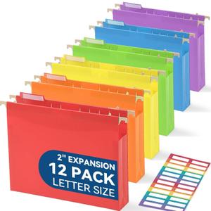 SortRax Plastic Extra Capacity Hanging File Folders, 2" Assorted Colors Expanding Pocket, Heavy Duty for Filing Cabinet, Insertable 1/5-Cut Tabs, Letter Size - 12 Pack