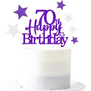 2 x Glittery 70th Happy Birthday Cake Topper with Star,Personalised 70 Birthday Cake Toppers Party Decorations Party Supplies for Men Women Purple Silver