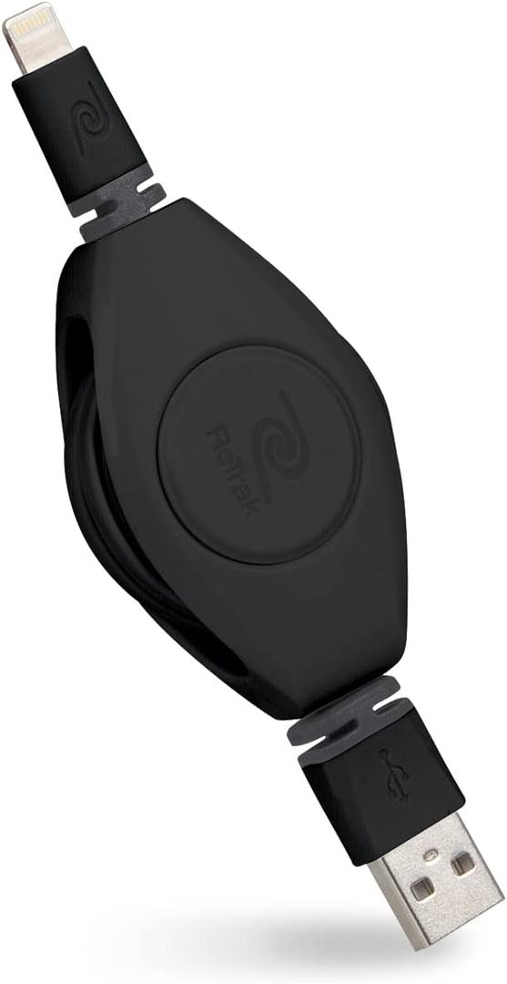 ReTrak Premier Series ETLTUSBBLK Retractable Lightning to USB Charge and Sync Cable for iPhone, iPod, and iPad (Black), 3.2 feet