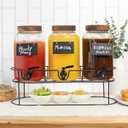 Ilyapa Glass Drink Dispenser for Parties - 3 Pack, 1 Gallon Triple Beverage Multi Drink Dispenser with Stand, Wood Tops and Black Stainless Spigots