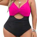 Blooming Jelly Womens Plus Size Bathing Suit Tummy Control One Piece Swimsuit Twist Front Ruched Swimwear (Large, Black and Pink)