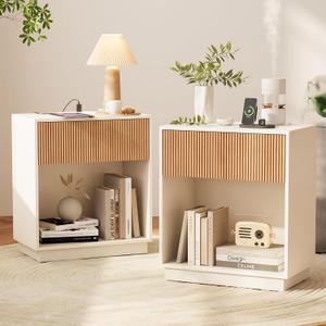 End Table with Charging Station,Fluted Nightstands Set of 2, Modern Bedside Table with Drawer and Storage Shelf, Wood Mid Century Night Stands for Bedroom Living Room (White)