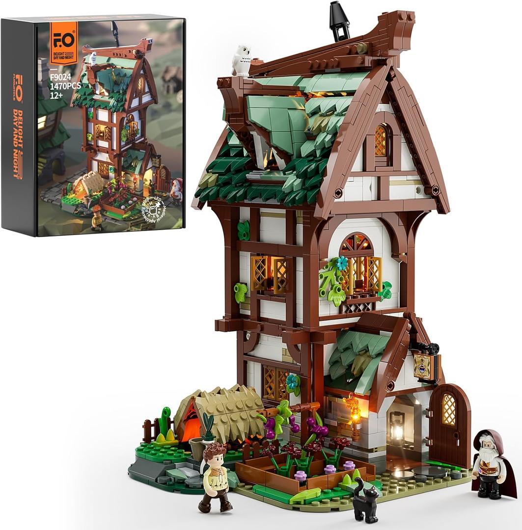 FUNWHOLE Medieval Apothecary Shop Lighting Building-Bricks Set - Compatible with Standard Bricks Medieval Series Collectible Display House 1470 Pcs for Adults and Teen