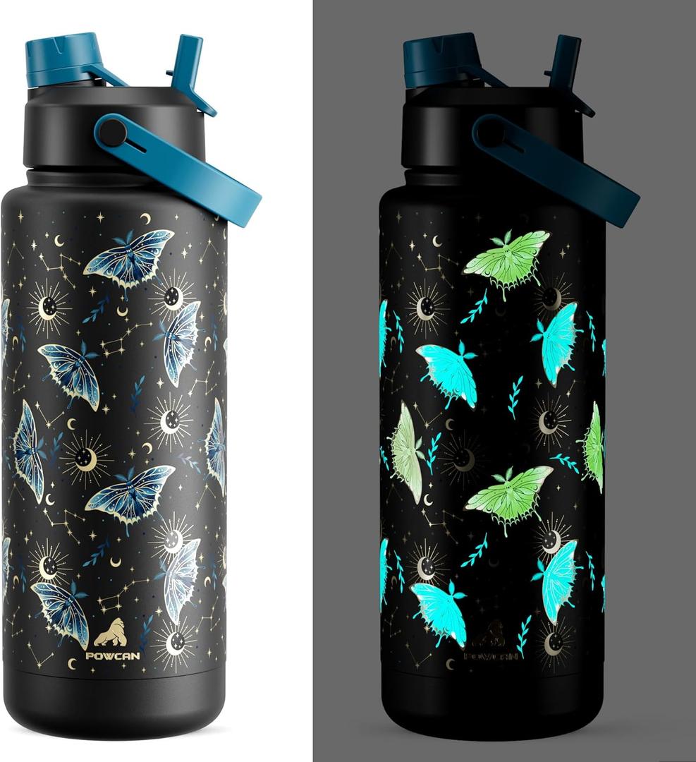 POWCAN 40 oz Insulated Water Bottle with 2-in-1 Straw and Spout Lid, Glow-in-the-Dark, 24H Cold, Leakproof, BPA-Free, Double Wall Stainless Steel for Sports, Gym, Travel, and School (Gilded Flutter)