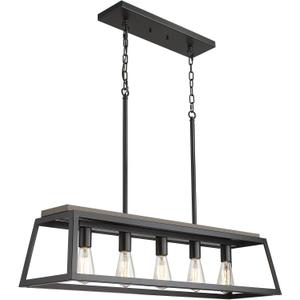 EAPUDUN 5-Light Farmhouse Kitchen Island Chandelier, 38-Inch,Rectangular Pendant Light with Adjustable Height, Black Metal & Wood Finish for Dining Room & Commercial Spaces, PDA1272-FBDT