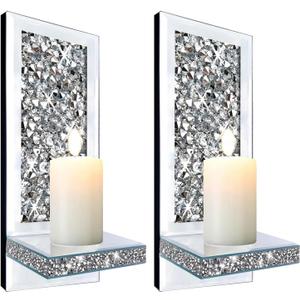 ZOLAPI Set of 2 Crystal Crush Diamond Candle Sconces, Gorgeous Silver Mirrored Wall Sconce, Candle Holder Glass Wall Decorations for Home Dcor, Living Room, Dining Room. 1A