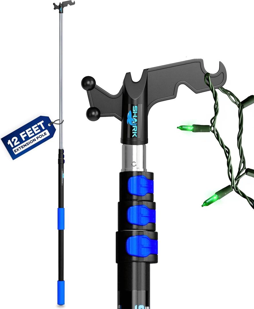 4-12 FT Telescopic Extension Pole W/Hook, Christmas Light Pole Hanger Tool, Telescoping Pole for Christmas Lights Installation, Lightweight and Sturdy Light Hanger Pole for Birdfeeders, String Lights