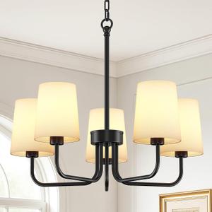 BLNAN Chandelier, 5-Light Black Farmhouse Chandeliers for Dining Room, Height Adjustable Dining Room Light Fixture with White Fabric Shade, Chandelier for Living Room, Bedroom, Kitchen, Entryway, 25-inch
