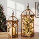 Large Farmhouse Wooden Decorative Lantern Set of 2, Rustic Brown Burnt Wood Hanging Lanterns for Indoor Outdoor Home Garden Porch Wedding Decor (No Glass)