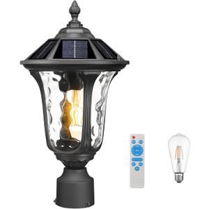 Outdoor Post Solar Light LED, Dusk to Dawn Pole Lighting Waterproof with Remote Control Exterior Pillar Lantern 3 Lighting Modes Outside Solar Lamp for Patio Porch Garden, 18'' Black, 17.7 inch