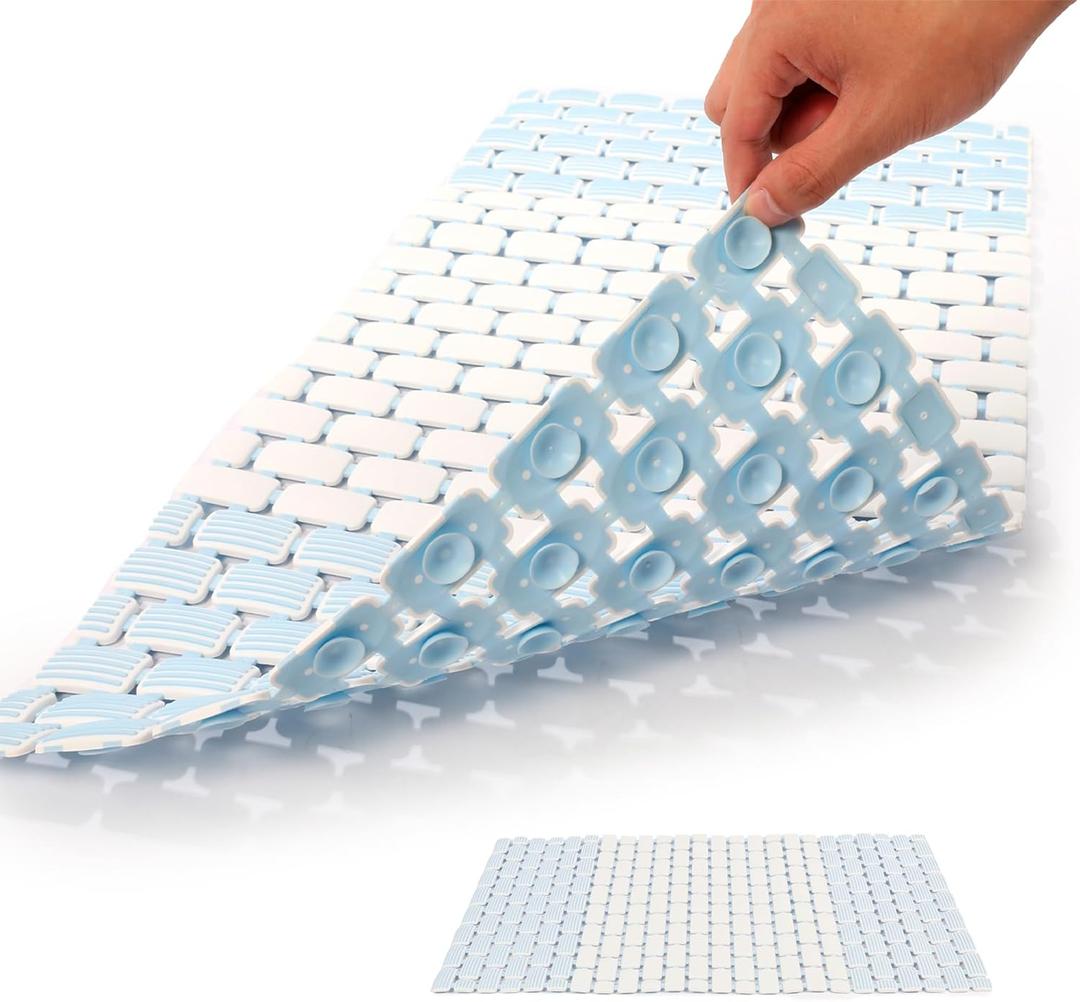 Fratillico - Non-Slip Shower Mat with Suction Cups - Quick Dry Bathtub Mat with Drain Holes - Machine Washable PVC Bathroom Mat (Blue 15.74" x 28.74")