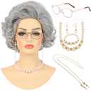 Old Lady Wig Costume Set for Women Short Curly Grandma Wig and Glasses Silver Grey Granny Wigs for Old Woman Cosplay Halloween Party (Silver Grey/Old Lady)