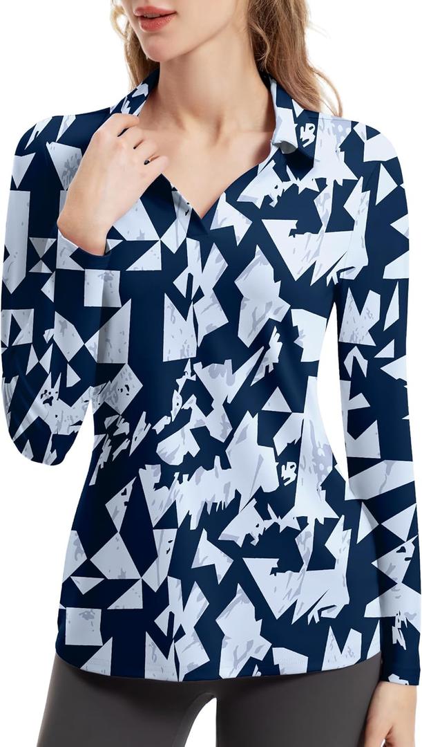 FKEEP Women's Tennis Golf Shirt Long Sleeved Top Sport Activewear V-Neck Workout Athletic (01 Black Squares)