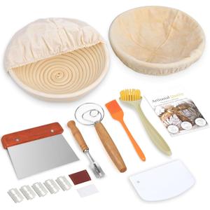 Banneton Bread Proofing Basket Set of 2 9 inch Round Dough Proofing BasketSourdough Starter Kit with Linen Liner, Lame, Dough Whisk,Complete Sourdough Bread Baking Supplies